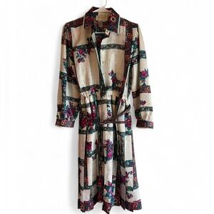 Vintage Schrader Petite Floral Midi Dress Belt Buttons & Shoulder Pads